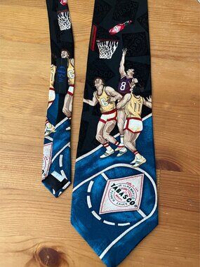 TABASCO Men's tie Silk Handmade in USA Black w Basketball Players print New